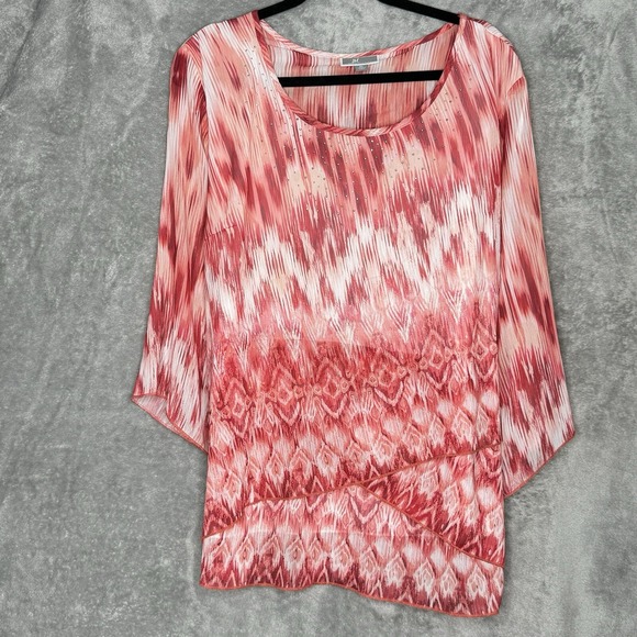 JM Collection XL Top Shirt Pink Chevron Striped Flared 3/4 Sleeve Scoop Neck - Picture 1 of 7